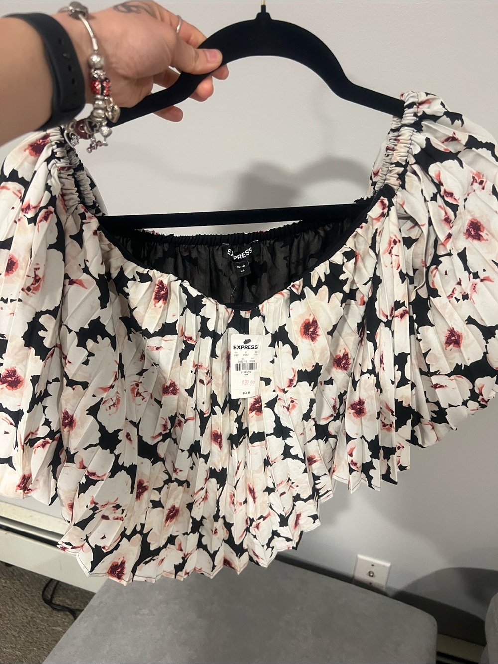 Express Black & White Floral Off-Shoulder Crop Top with Pink Accents